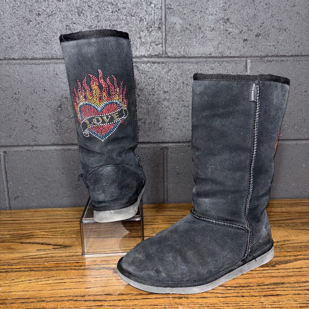 Steve Madden Black Suede Shearling Tall Boots Heart Flame Patch Size 9